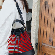 Black Leather & Striped Fabric Pattern Convertible Bag - Fluent Trends