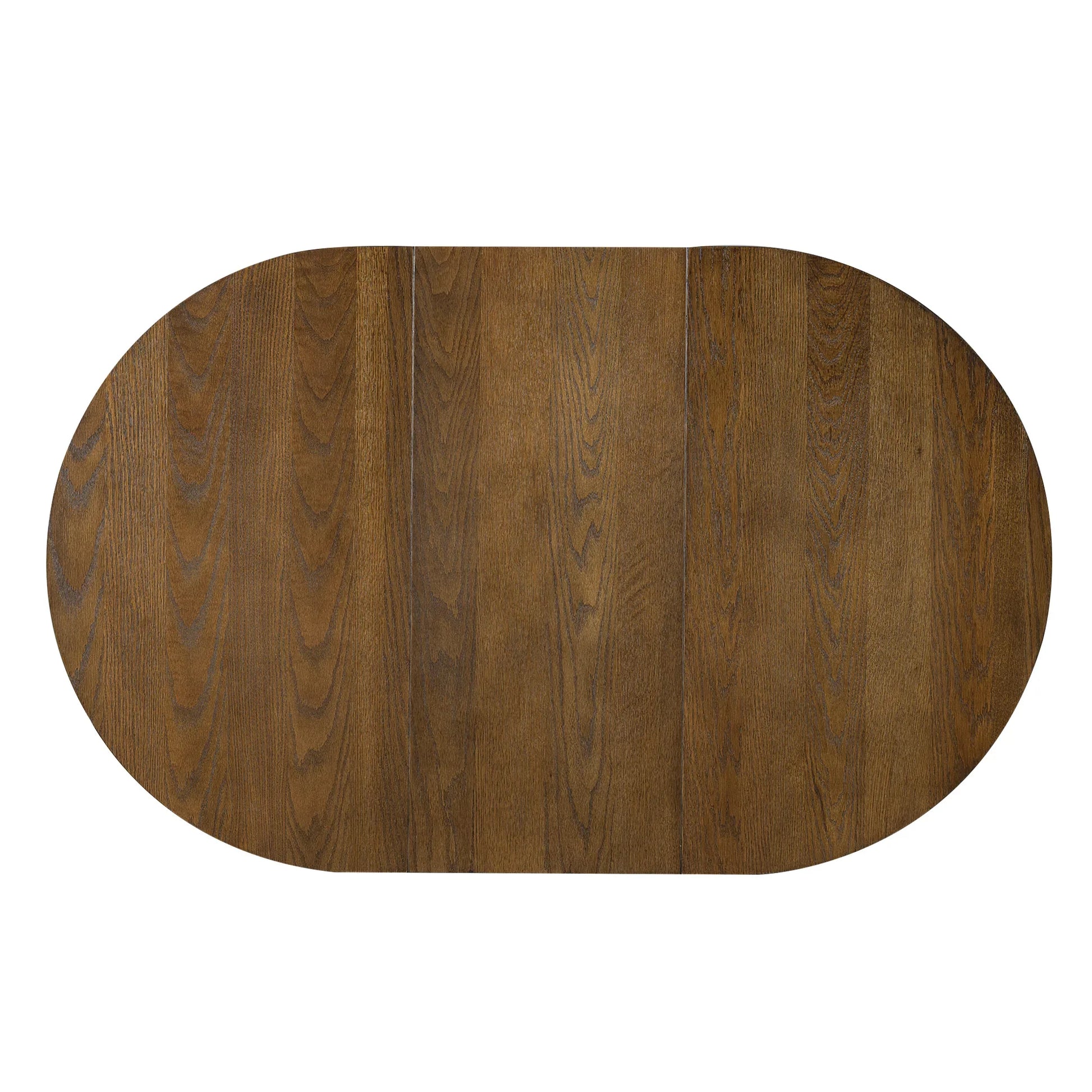 Oval wooden dining table top with rich brown finish and natural wood grain texture