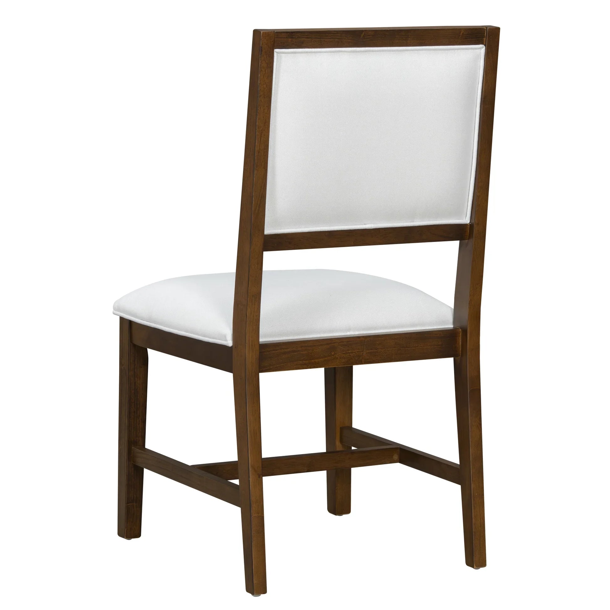 Wooden dining chair with padded white upholstered seat and backrest on white background