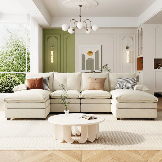 Fluent Trends U-Shaped Chenille Sectional Sofa - Beige 6-Seater with Adjustable Armrests - Fluent Trends