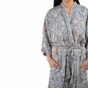 Hand Dyed Batik Robe Kimono, 100% Cotton, Gray, Silver Petals - Fluent Trends