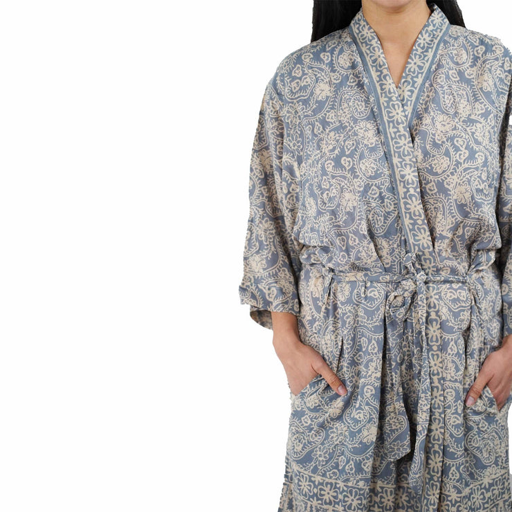 Hand Dyed Batik Robe Kimono, 100% Cotton, Gray, Silver Petals - Fluent Trends