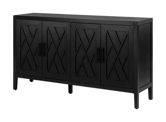 A 60-inch Black Distressed Sideboard Cabinet featuring a four-door design with geometric wood accents and a modern black finish against a clean background.