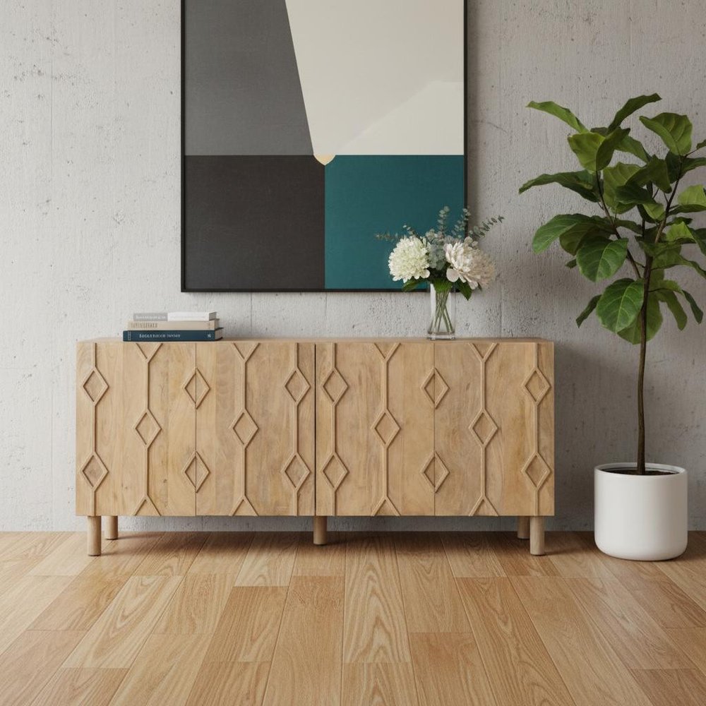 71" Solid Wood Geometric Sideboard Cabinet