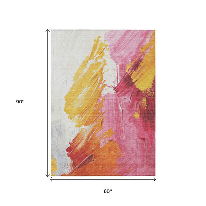5'x8' Blush Gold Orange Abstract Washable Indoor Outdoor Area Rug - Fluent Trends