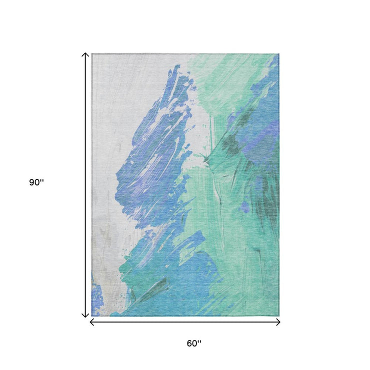 5'x8' Pale Aqua Mint Green Ivory Abstract Washable Indoor Outdoor Area Rug - Stain Resistant, Durable Polyester - Fluent Trends Indoor Outdoor Rugs