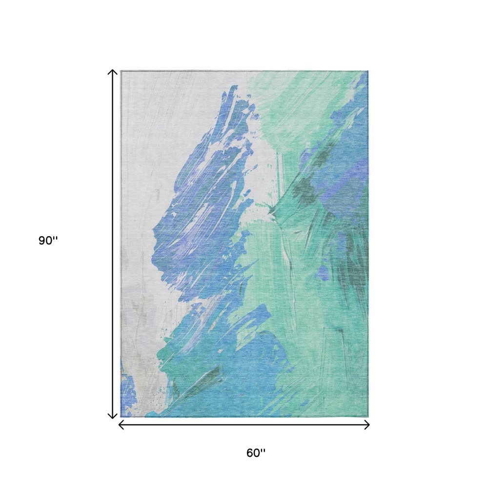 5'x8' Pale Aqua Mint Green Ivory Abstract Washable Indoor Outdoor Area Rug - Stain Resistant, Durable Polyester