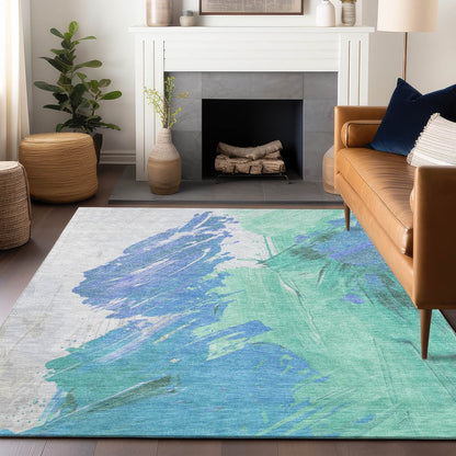 5'x8' Pale Aqua Mint Green Ivory Abstract Washable Indoor Outdoor Area Rug - Stain Resistant, Durable Polyester - Fluent Trends