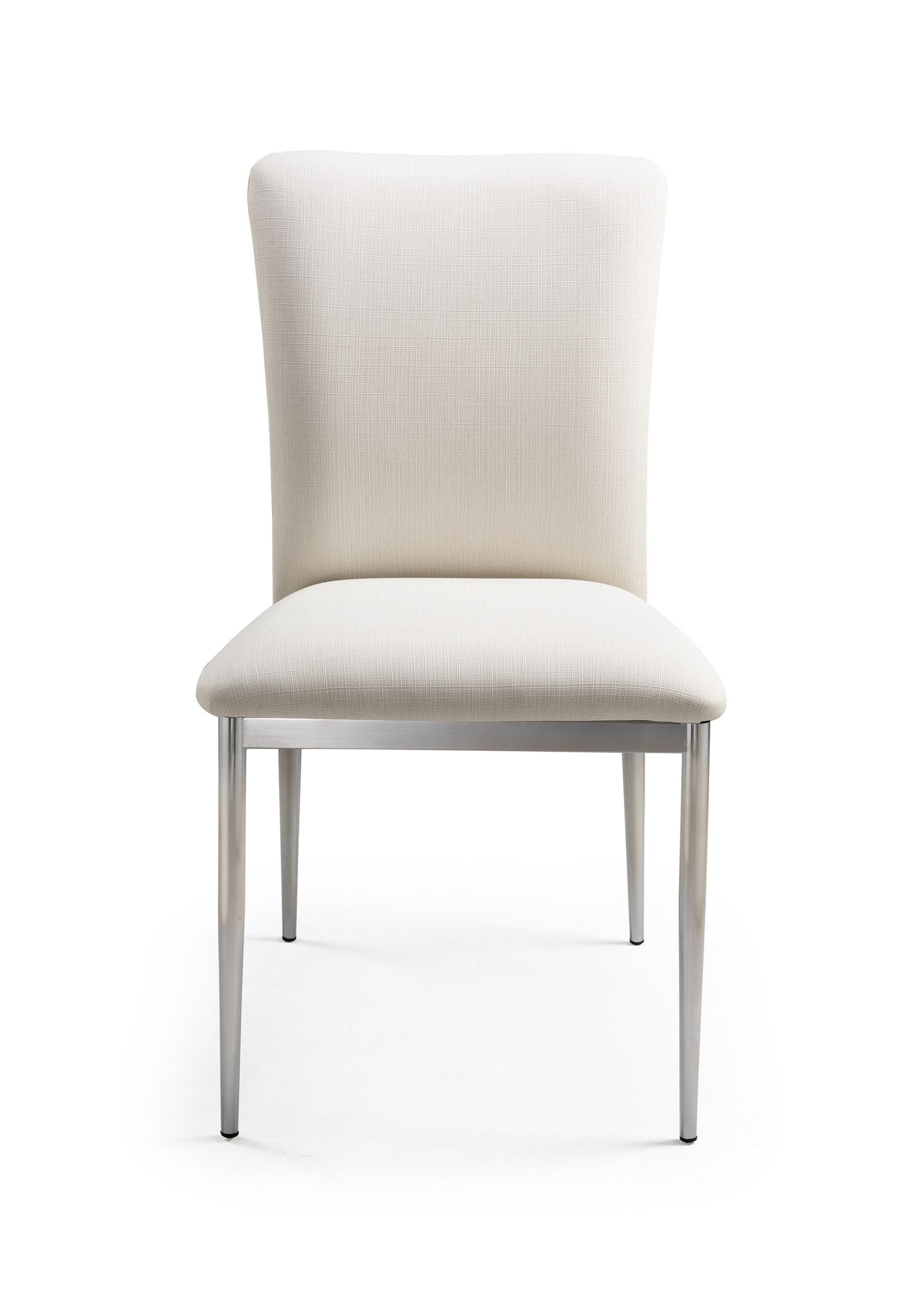 Modern white upholstered dining chair with textured fabric and slim metal legs