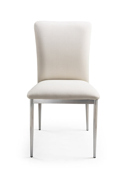 Modern white upholstered dining chair with textured fabric and slim metal legs