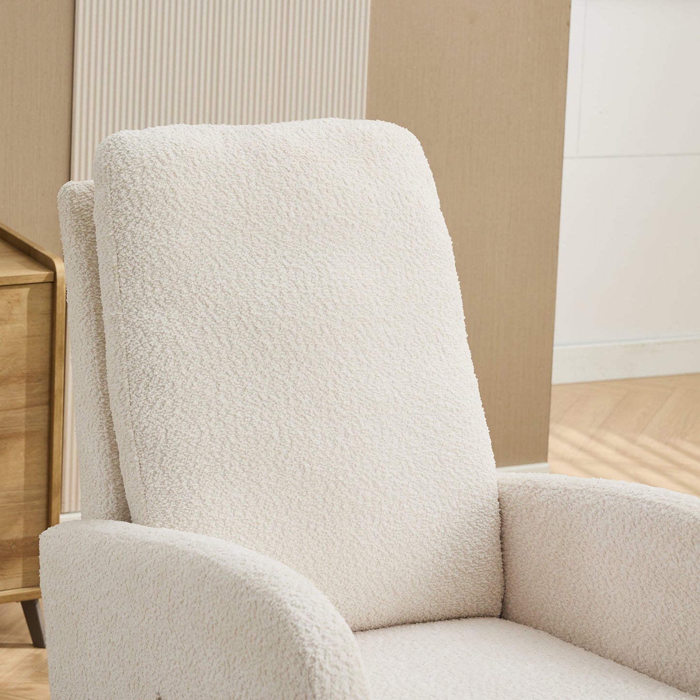 25.4'W Ivory Rocking Chair for Nursery, High Back Glider with Retractable Footrest, Boucle Upholstery, Rubber Wood Legs