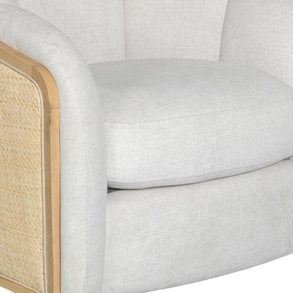 34" Off White and Natural Fabric Wood And Rattan Swivel Arm Chair