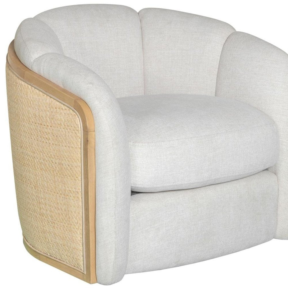 34" Off White and Natural Fabric Wood And Rattan Swivel Arm Chair