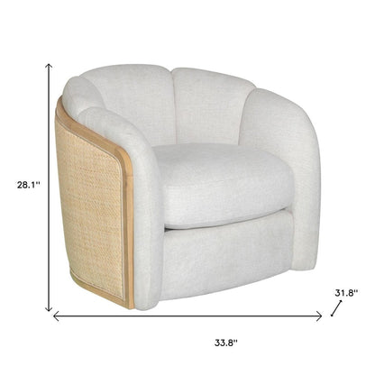 34" Off White and Natural Fabric Wood And Rattan Swivel Arm Chair HomeRoots