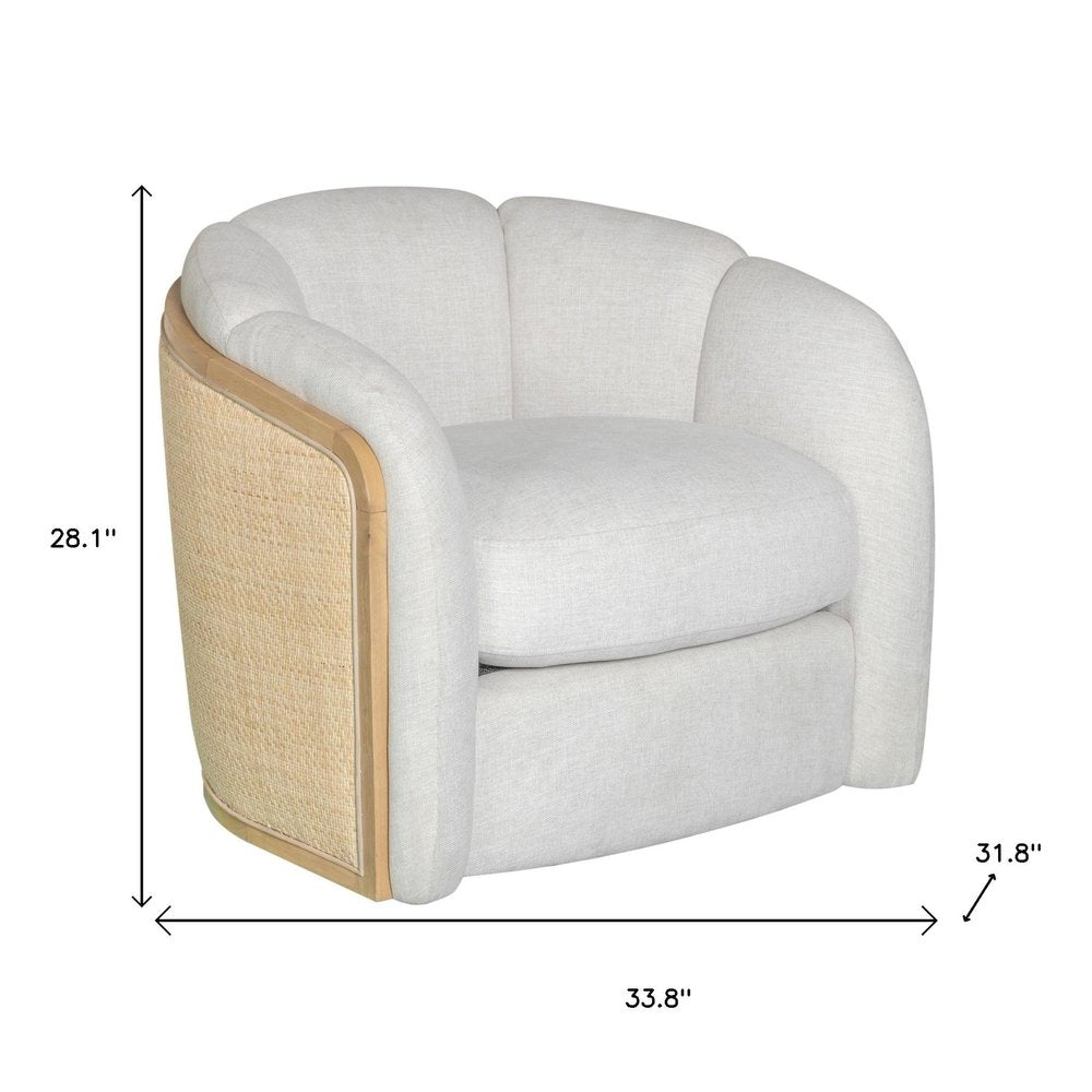 34" Off White and Natural Fabric Wood And Rattan Swivel Arm Chair
