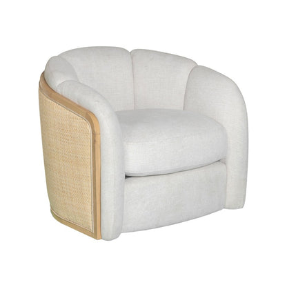 34" Off White and Natural Fabric Wood And Rattan Swivel Arm Chair