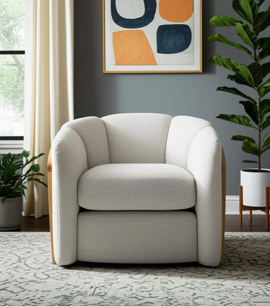 34" Off White and Natural Fabric Wood And Rattan Swivel Arm Chair - Fluent Trends