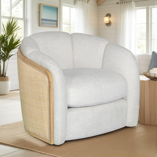 34" Off White and Natural Fabric Wood And Rattan Swivel Arm Chair