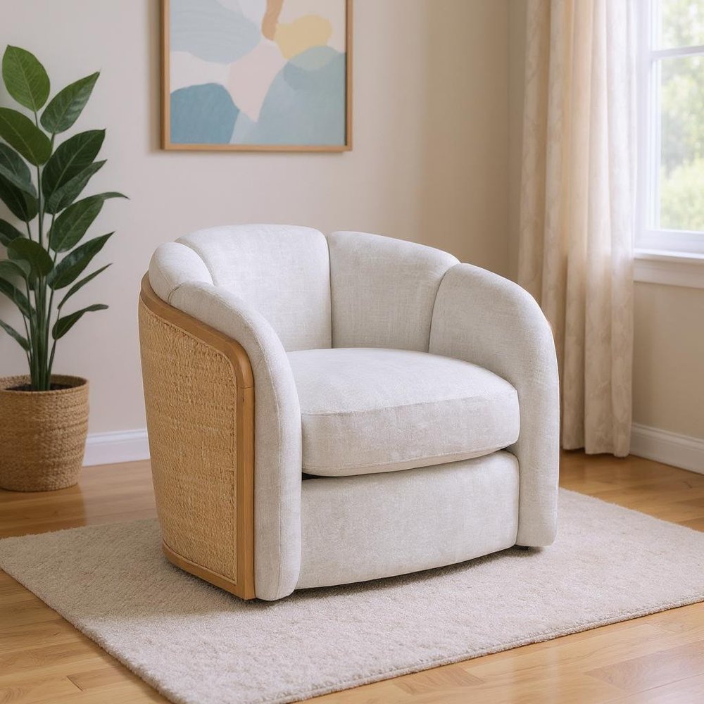 34" Off White and Natural Fabric Wood And Rattan Swivel Arm Chair HomeRoots