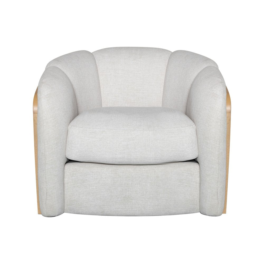 34" Off White and Natural Fabric Wood And Rattan Swivel Arm Chair