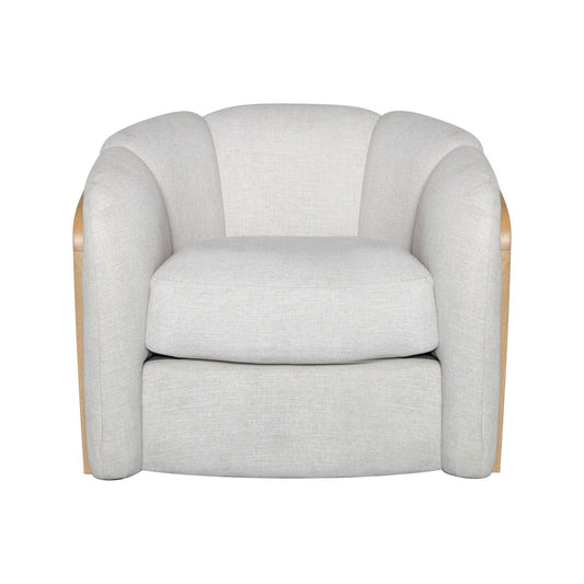 34" Off White and Natural Fabric Wood And Rattan Swivel Arm Chair