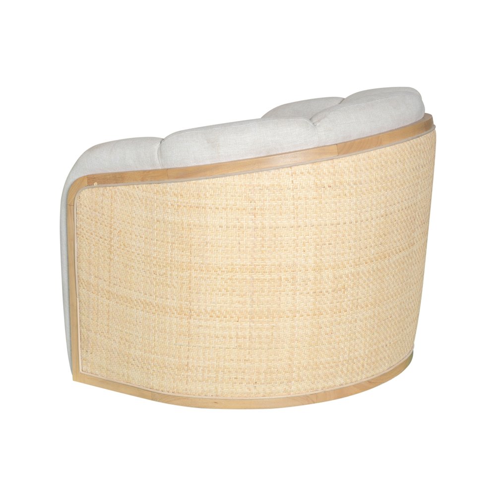 34" Off White and Natural Fabric Wood And Rattan Swivel Arm Chair