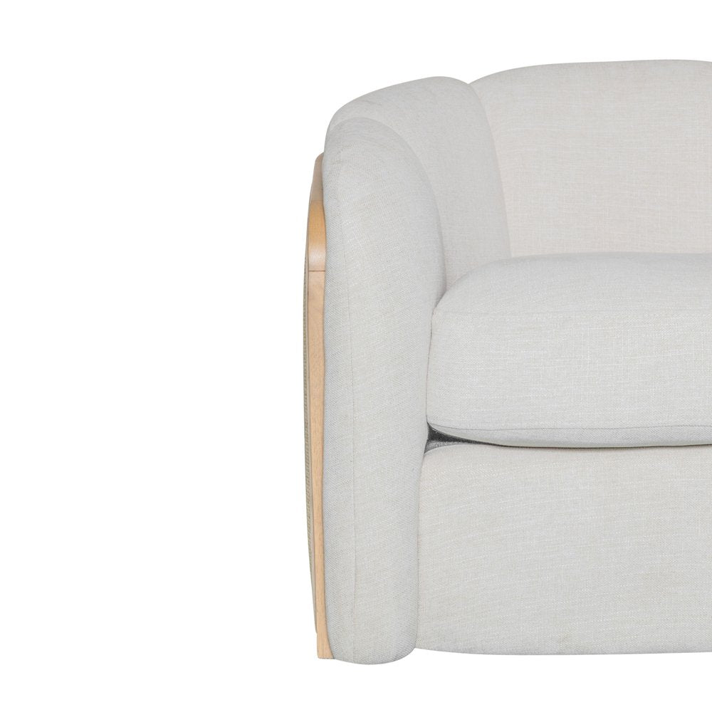 34" Off White and Natural Fabric Wood And Rattan Swivel Arm Chair HomeRoots