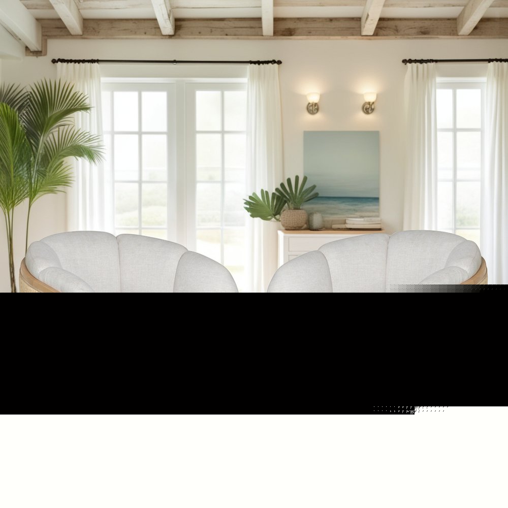 34" Off White and Natural Fabric Wood And Rattan Swivel Arm Chair