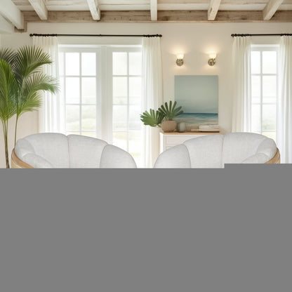 34" Off White and Natural Fabric Wood And Rattan Swivel Arm Chair