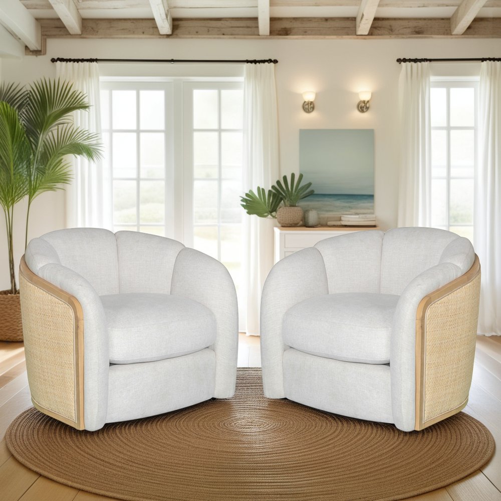 34" Off White and Natural Fabric Wood And Rattan Swivel Arm Chair