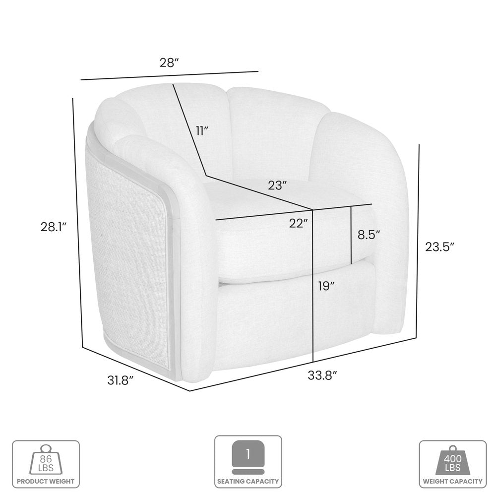34" Off White and Natural Fabric Wood And Rattan Swivel Arm Chair