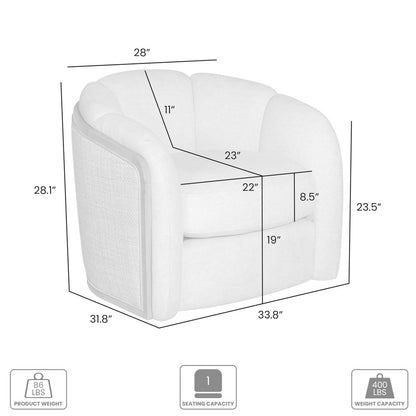 34" Off White and Natural Fabric Wood And Rattan Swivel Arm Chair
