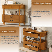 Retro Curved Wood Console Table with 3 Drawers, 43'' Entry Table with Storage Shelf, Sofa Table Behind Couch with Solid Wood Legs for Living Room Hallway, Brown - Fluent Trends