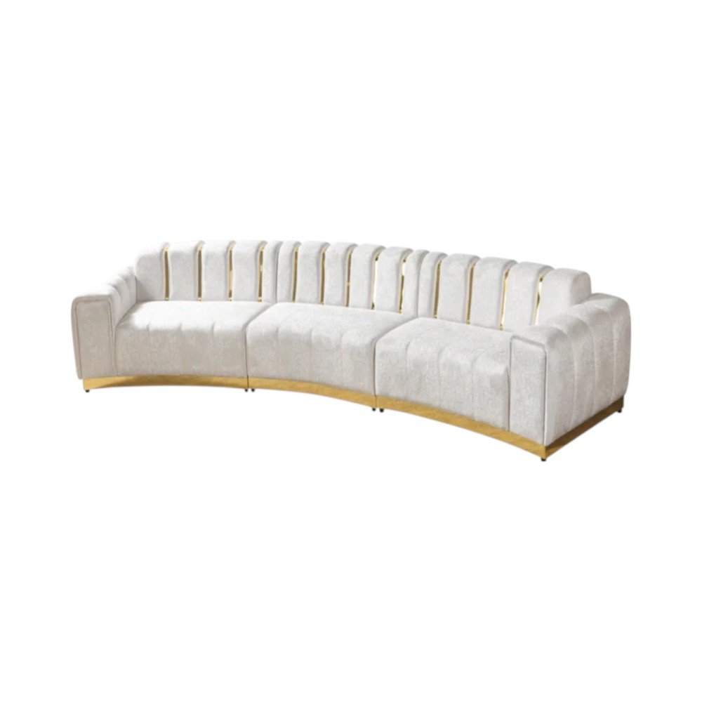 Gold And White Velvet Curved Three Piece Sectional With Toss Pillows HomeRoots