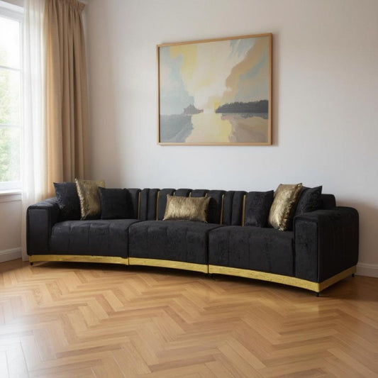 Black Velvet Curved Three Piece Sectional With Toss Pillows HomeRoots