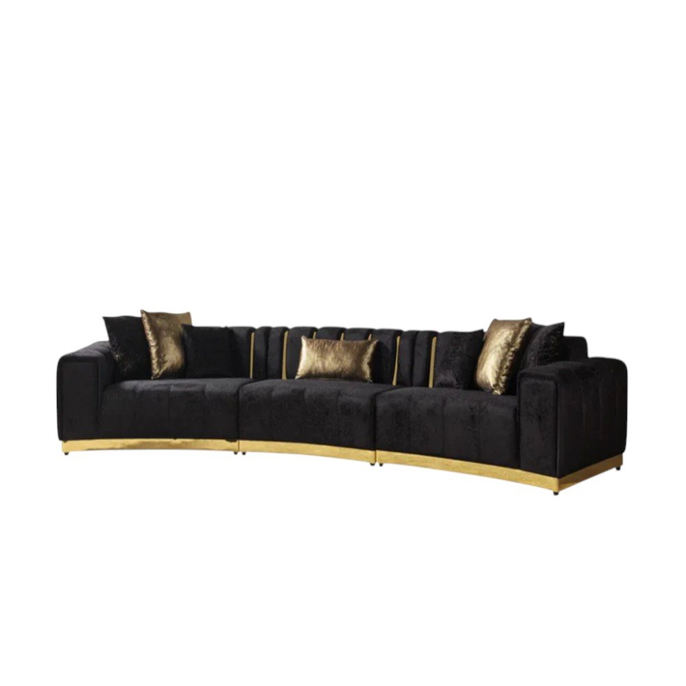Black Velvet Curved Three Piece Sectional With Toss Pillows - Fluent Trends Sectionals
