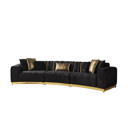 Black Velvet Curved Three Piece Sectional With Toss Pillows - Fluent Trends Sectionals