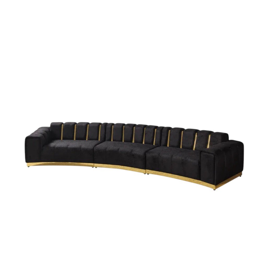 Black Velvet Curved Three Piece Sectional With Toss Pillows - Fluent Trends Sectionals