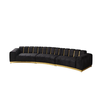 Black Velvet Curved Three Piece Sectional With Toss Pillows - Fluent Trends Sectionals