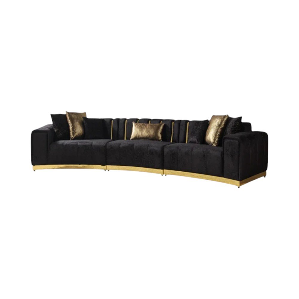 Black Velvet Curved Three Piece Sectional With Toss Pillows - Fluent Trends Sectionals