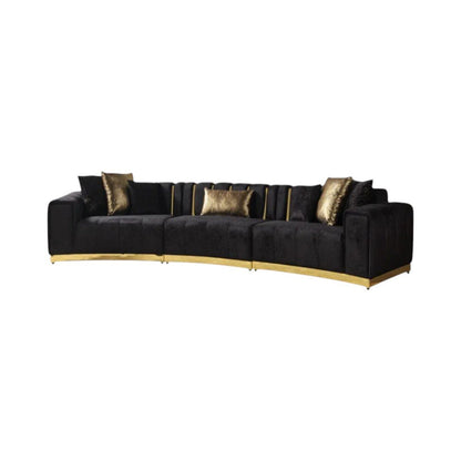 Black Velvet Curved Three Piece Sectional With Toss Pillows - Fluent Trends Sectionals