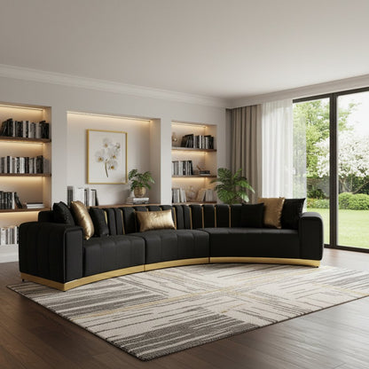 Black Velvet Curved Three Piece Sectional With Toss Pillows - Fluent Trends Sectionals