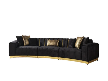 Black Velvet Curved Three Piece Sectional With Toss Pillows HomeRoots