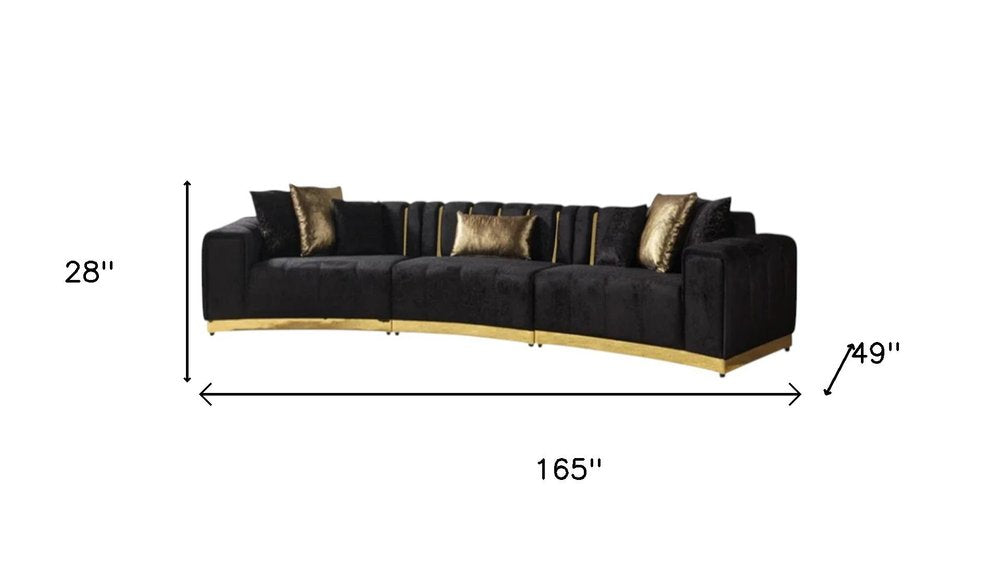 Black Velvet Curved Three Piece Sectional With Toss Pillows - Fluent Trends Sectionals