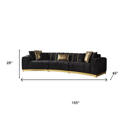 Black Velvet Curved Three Piece Sectional With Toss Pillows HomeRoots