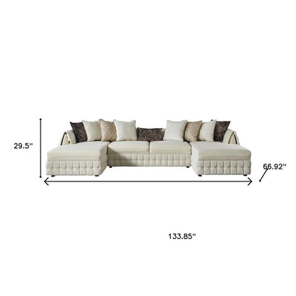 Cream Velvet U Shaped Sofa and Chaise Sectional With Toss Pillows HomeRoots
