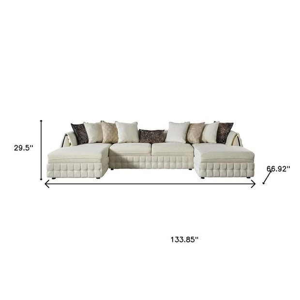 Cream Velvet U Shaped Sofa and Chaise Sectional With Toss Pillows - Fluent Trends
