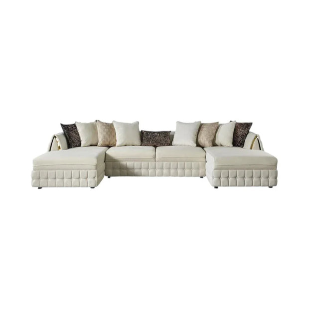 Cream Velvet U Shaped Sofa and Chaise Sectional With Toss Pillows - Fluent Trends
