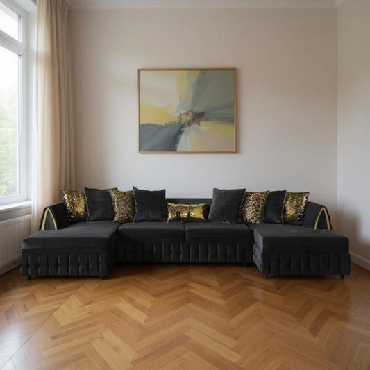 Black Velvet U Shaped Sofa and Chaise Sectional With Toss Pillows HomeRoots