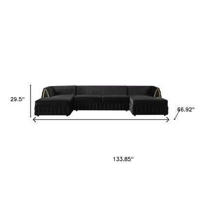 Black Velvet U Shaped Sofa and Chaise Sectional With Toss Pillows HomeRoots